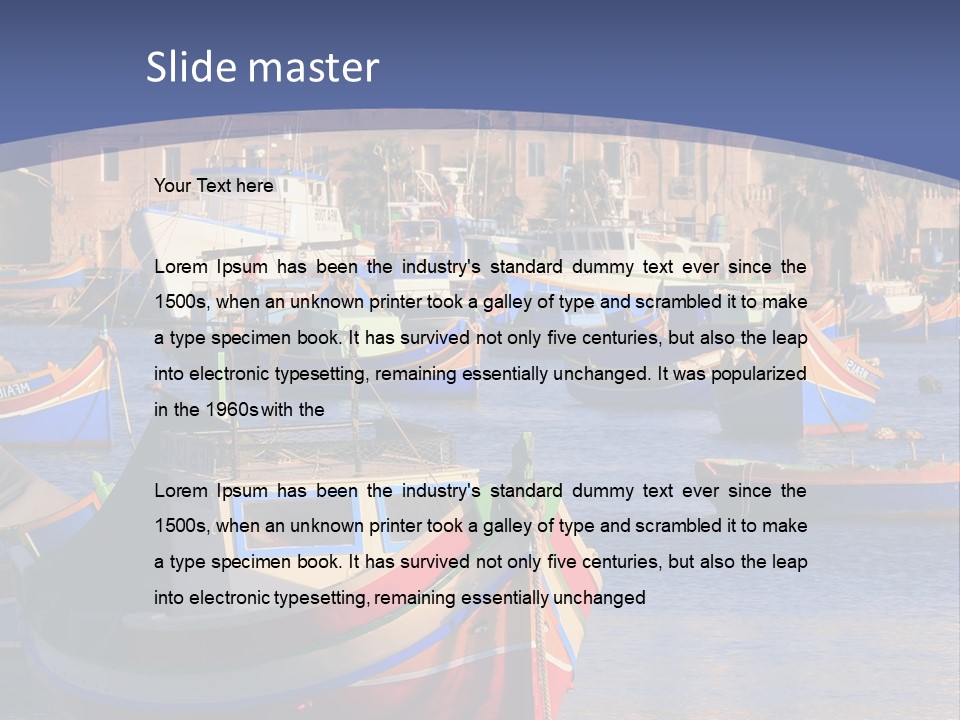 Colorful, Traditional Fishing Boats Against The Backdrop Of Marsaxlokk Village In The Mediterranean Island Of Malta. Copyspace At The Bottom And Top. See Portfolio For More. PowerPoint Template