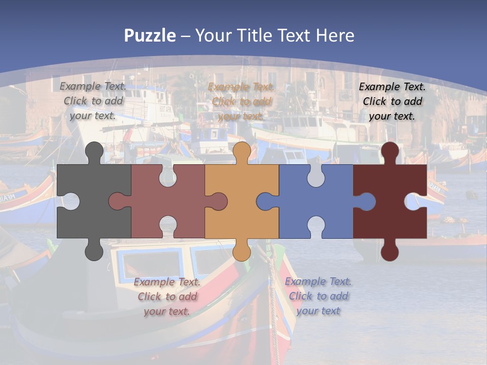 Colorful, Traditional Fishing Boats Against The Backdrop Of Marsaxlokk Village In The Mediterranean Island Of Malta. Copyspace At The Bottom And Top. See Portfolio For More. PowerPoint Template