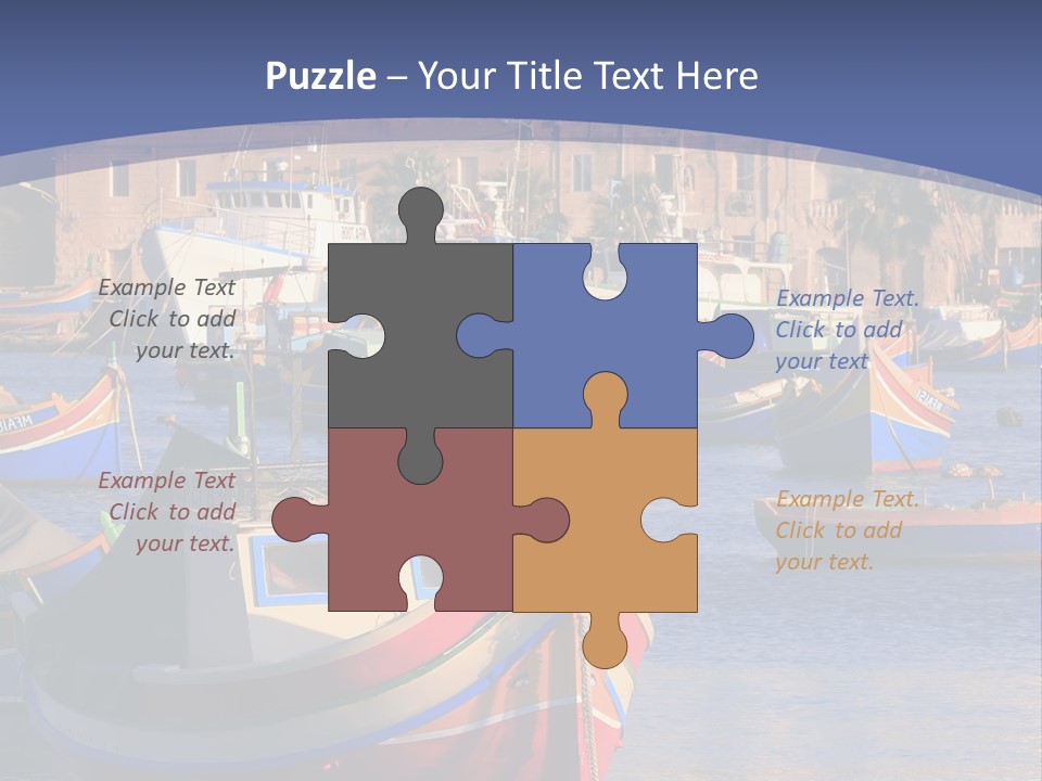 Colorful, Traditional Fishing Boats Against The Backdrop Of Marsaxlokk Village In The Mediterranean Island Of Malta. Copyspace At The Bottom And Top. See Portfolio For More. PowerPoint Template