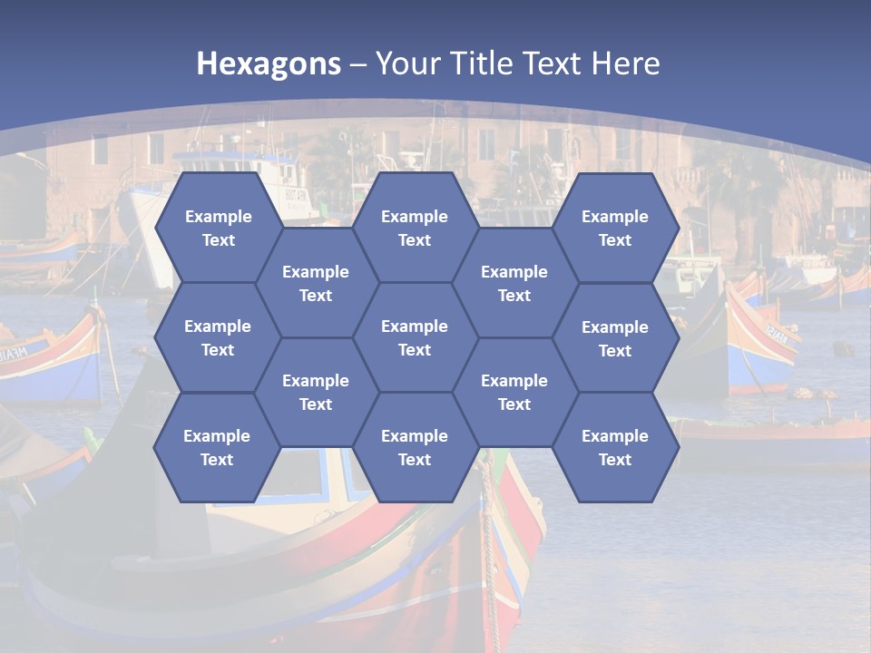 Colorful, Traditional Fishing Boats Against The Backdrop Of Marsaxlokk Village In The Mediterranean Island Of Malta. Copyspace At The Bottom And Top. See Portfolio For More. PowerPoint Template