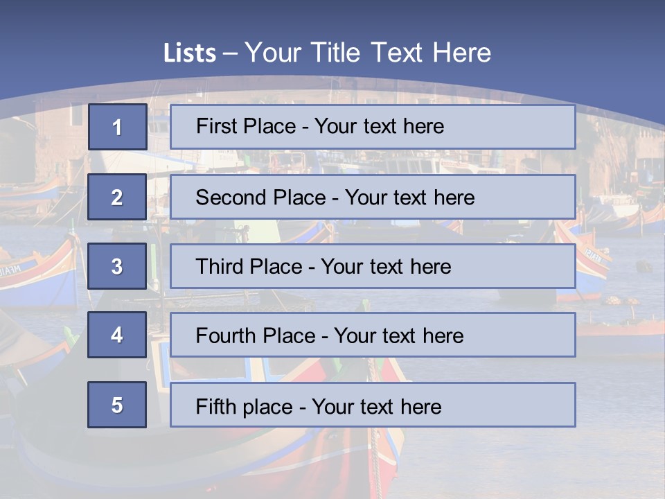 Colorful, Traditional Fishing Boats Against The Backdrop Of Marsaxlokk Village In The Mediterranean Island Of Malta. Copyspace At The Bottom And Top. See Portfolio For More. PowerPoint Template