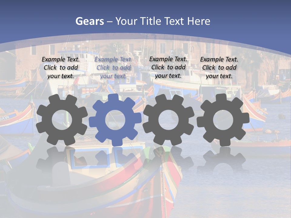 Colorful, Traditional Fishing Boats Against The Backdrop Of Marsaxlokk Village In The Mediterranean Island Of Malta. Copyspace At The Bottom And Top. See Portfolio For More. PowerPoint Template