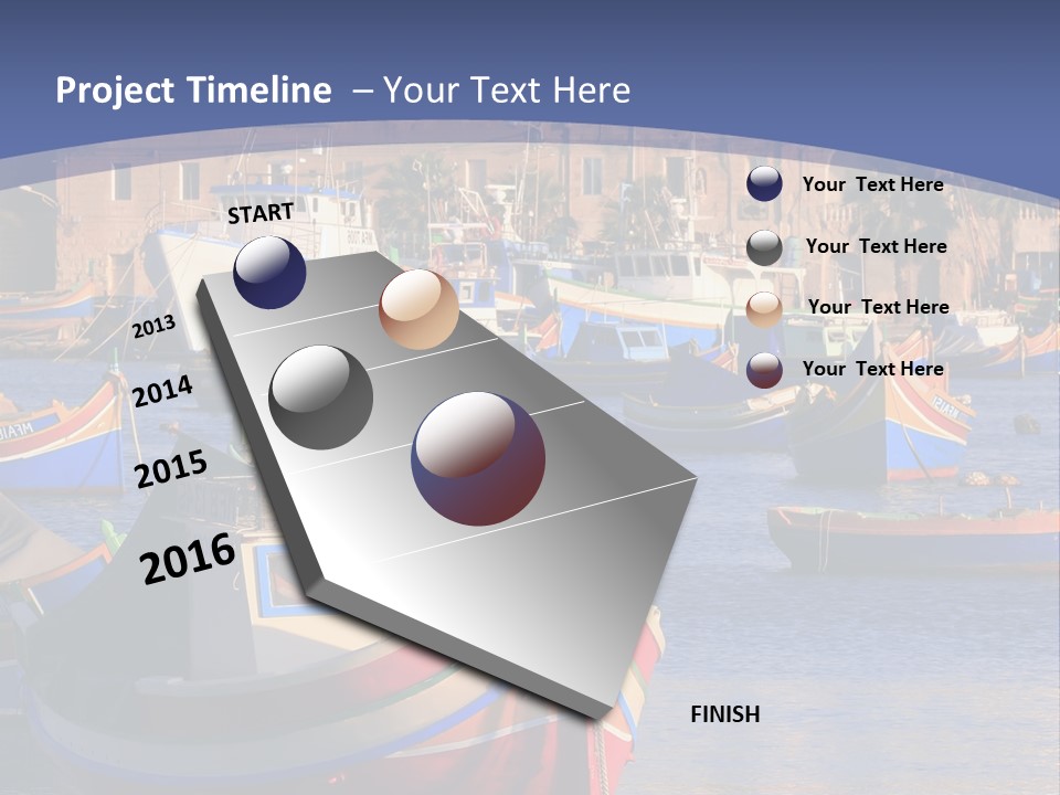 Colorful, Traditional Fishing Boats Against The Backdrop Of Marsaxlokk Village In The Mediterranean Island Of Malta. Copyspace At The Bottom And Top. See Portfolio For More. PowerPoint Template