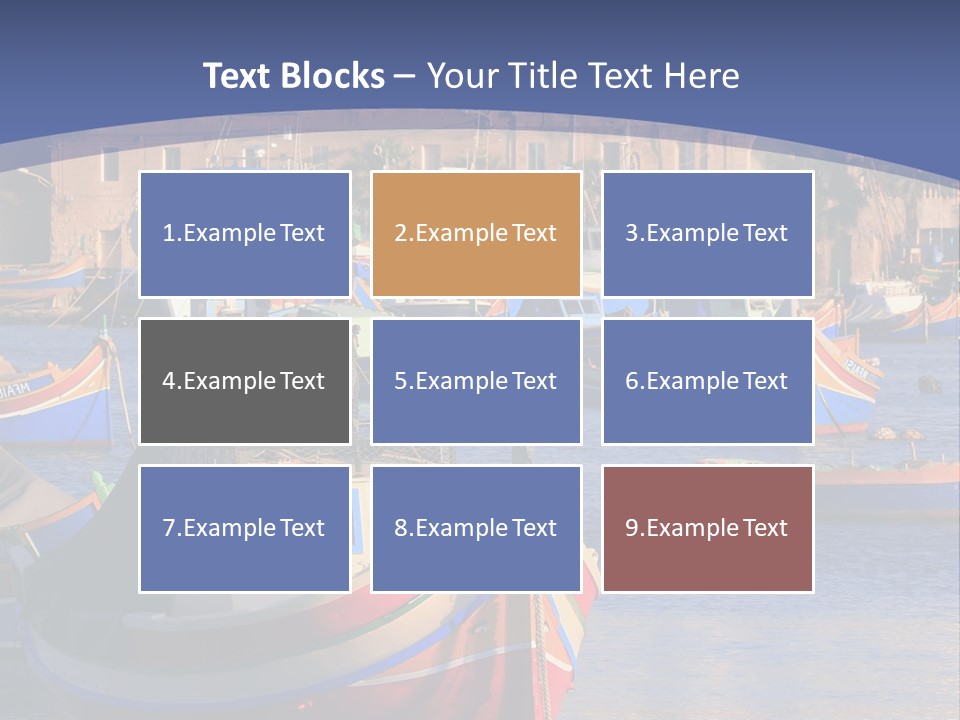 Colorful, Traditional Fishing Boats Against The Backdrop Of Marsaxlokk Village In The Mediterranean Island Of Malta. Copyspace At The Bottom And Top. See Portfolio For More. PowerPoint Template