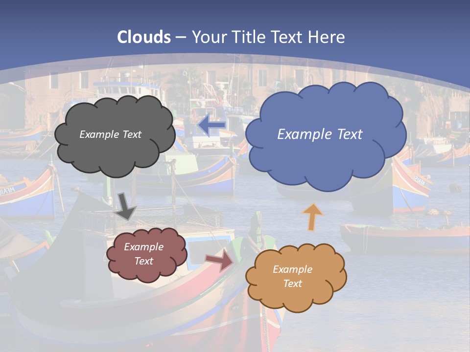 Colorful, Traditional Fishing Boats Against The Backdrop Of Marsaxlokk Village In The Mediterranean Island Of Malta. Copyspace At The Bottom And Top. See Portfolio For More. PowerPoint Template