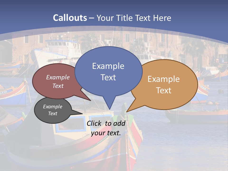 Colorful, Traditional Fishing Boats Against The Backdrop Of Marsaxlokk Village In The Mediterranean Island Of Malta. Copyspace At The Bottom And Top. See Portfolio For More. PowerPoint Template