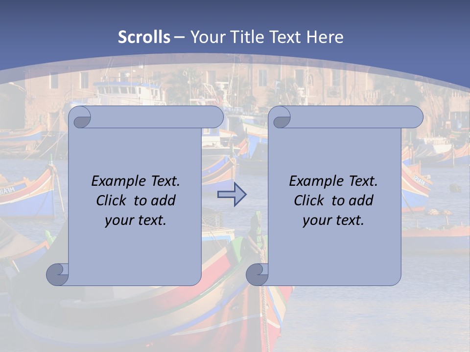Colorful, Traditional Fishing Boats Against The Backdrop Of Marsaxlokk Village In The Mediterranean Island Of Malta. Copyspace At The Bottom And Top. See Portfolio For More. PowerPoint Template