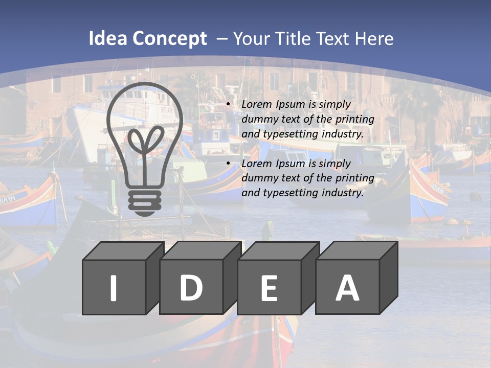 Colorful, Traditional Fishing Boats Against The Backdrop Of Marsaxlokk Village In The Mediterranean Island Of Malta. Copyspace At The Bottom And Top. See Portfolio For More. PowerPoint Template