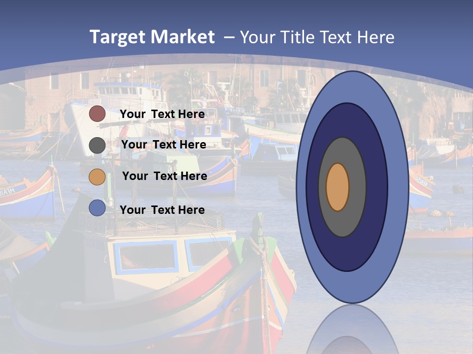 Colorful, Traditional Fishing Boats Against The Backdrop Of Marsaxlokk Village In The Mediterranean Island Of Malta. Copyspace At The Bottom And Top. See Portfolio For More. PowerPoint Template