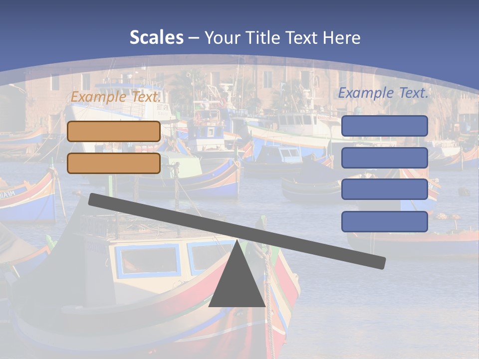 Colorful, Traditional Fishing Boats Against The Backdrop Of Marsaxlokk Village In The Mediterranean Island Of Malta. Copyspace At The Bottom And Top. See Portfolio For More. PowerPoint Template