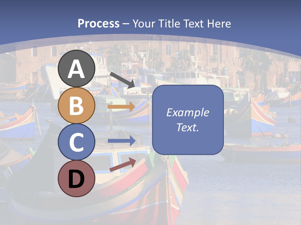 Colorful, Traditional Fishing Boats Against The Backdrop Of Marsaxlokk Village In The Mediterranean Island Of Malta. Copyspace At The Bottom And Top. See Portfolio For More. PowerPoint Template