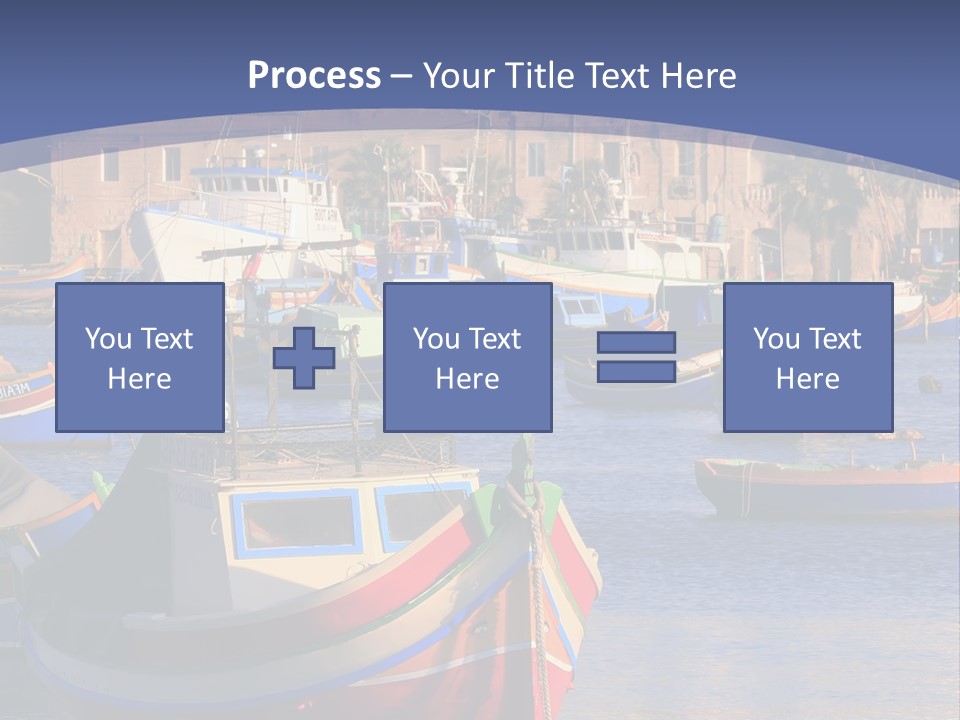 Colorful, Traditional Fishing Boats Against The Backdrop Of Marsaxlokk Village In The Mediterranean Island Of Malta. Copyspace At The Bottom And Top. See Portfolio For More. PowerPoint Template