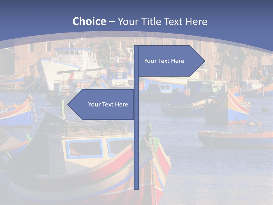 Colorful, Traditional Fishing Boats Against The Backdrop Of Marsaxlokk Village In The Mediterranean Island Of Malta. Copyspace At The Bottom And Top. See Portfolio For More. PowerPoint Template