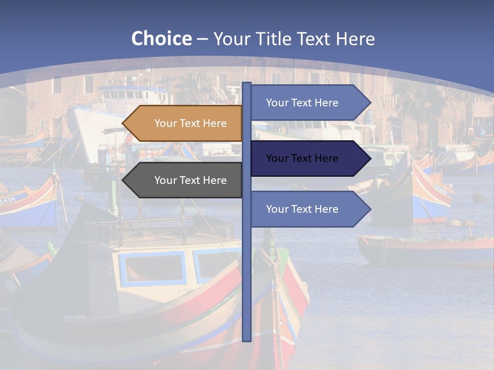 Colorful, Traditional Fishing Boats Against The Backdrop Of Marsaxlokk Village In The Mediterranean Island Of Malta. Copyspace At The Bottom And Top. See Portfolio For More. PowerPoint Template