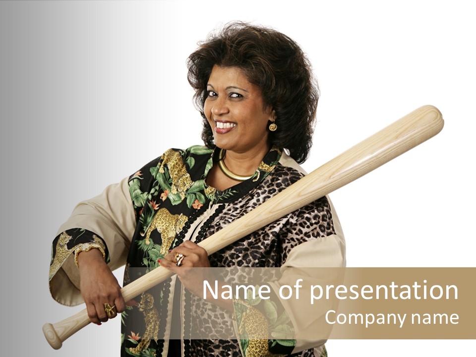 A Beautiful Ethnic Woman Smiling Because She Has A Baseball Bat To Defend Herself. Isolated On White. PowerPoint Template