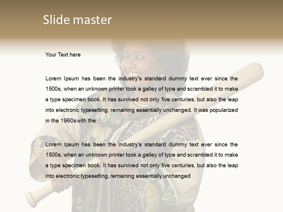 A Beautiful Ethnic Woman Smiling Because She Has A Baseball Bat To Defend Herself. Isolated On White. PowerPoint Template