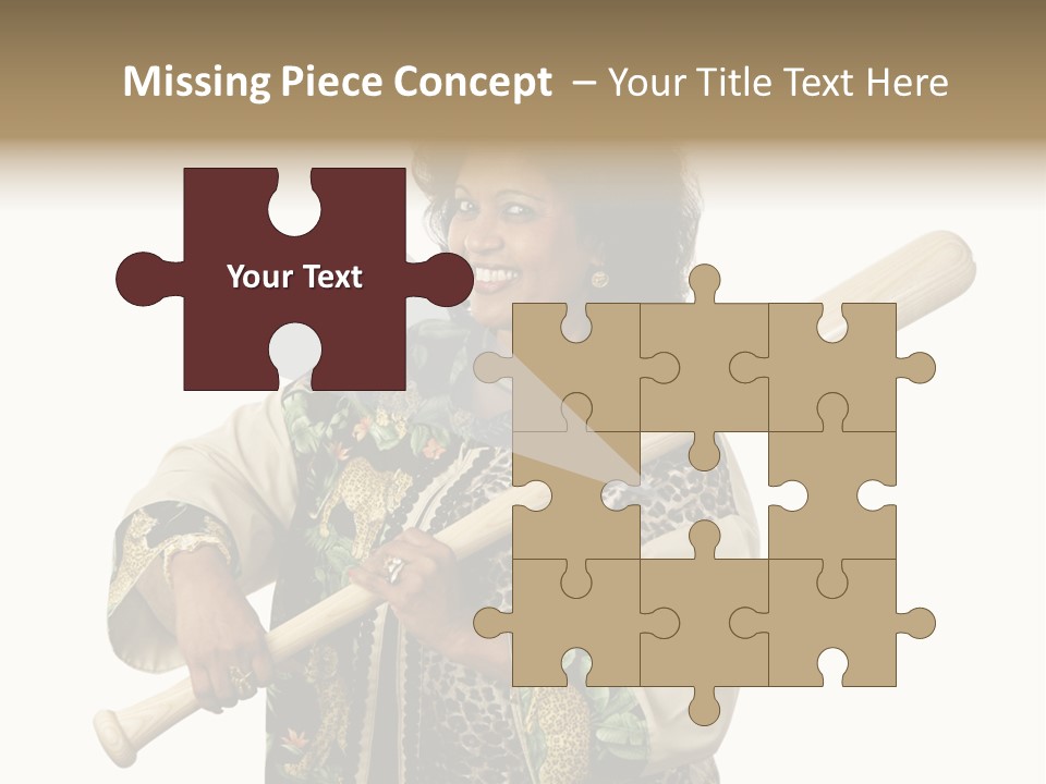 A Beautiful Ethnic Woman Smiling Because She Has A Baseball Bat To Defend Herself. Isolated On White. PowerPoint Template