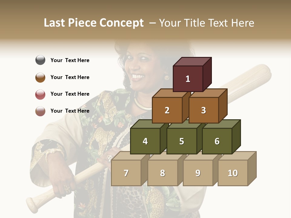 A Beautiful Ethnic Woman Smiling Because She Has A Baseball Bat To Defend Herself. Isolated On White. PowerPoint Template