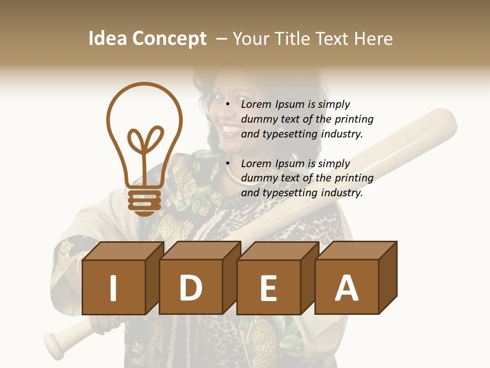 A Beautiful Ethnic Woman Smiling Because She Has A Baseball Bat To Defend Herself. Isolated On White. PowerPoint Template