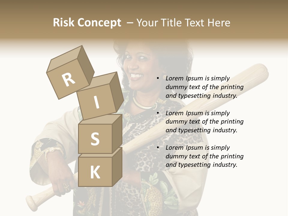 A Beautiful Ethnic Woman Smiling Because She Has A Baseball Bat To Defend Herself. Isolated On White. PowerPoint Template