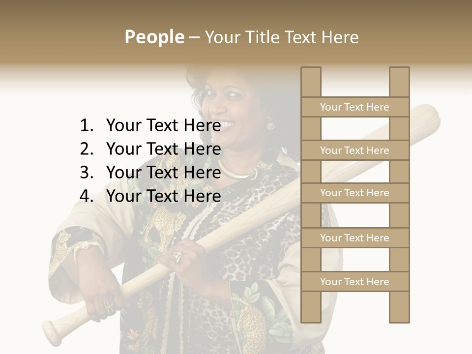 A Beautiful Ethnic Woman Smiling Because She Has A Baseball Bat To Defend Herself. Isolated On White. PowerPoint Template