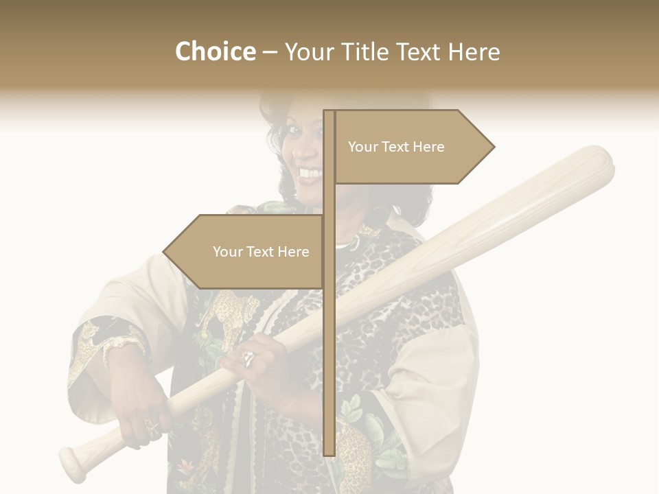 A Beautiful Ethnic Woman Smiling Because She Has A Baseball Bat To Defend Herself. Isolated On White. PowerPoint Template
