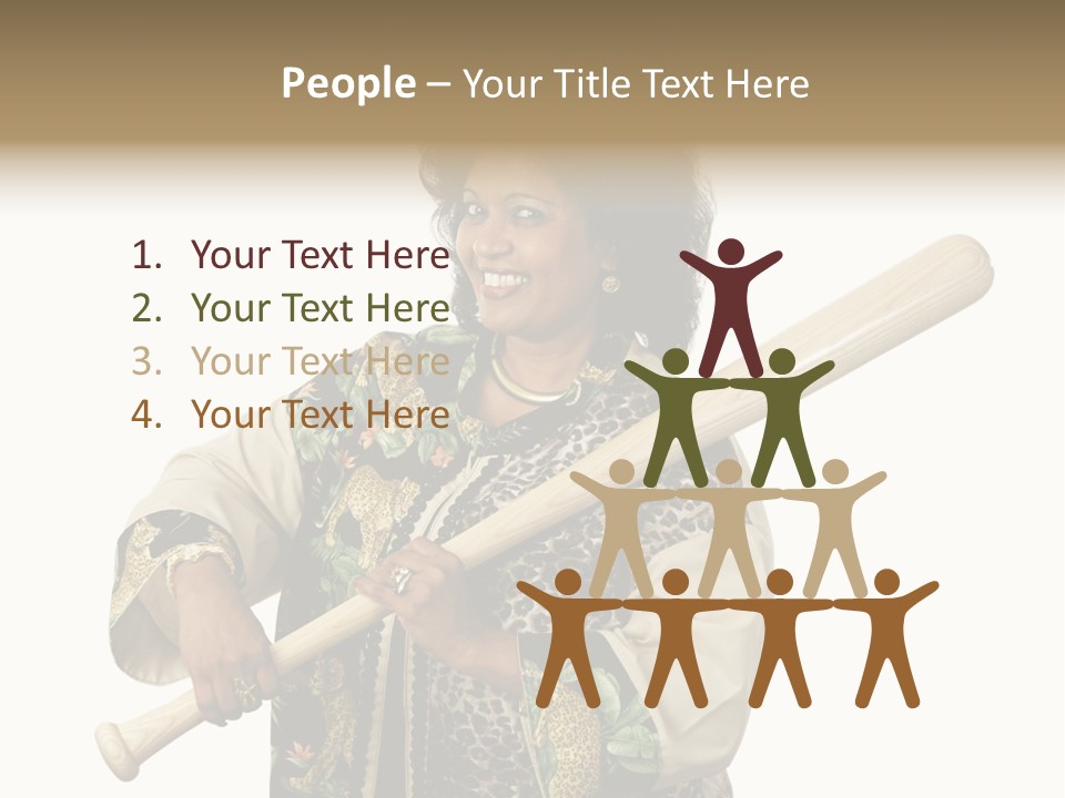 A Beautiful Ethnic Woman Smiling Because She Has A Baseball Bat To Defend Herself. Isolated On White. PowerPoint Template