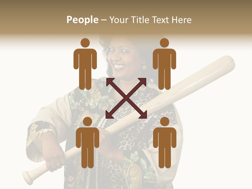 A Beautiful Ethnic Woman Smiling Because She Has A Baseball Bat To Defend Herself. Isolated On White. PowerPoint Template