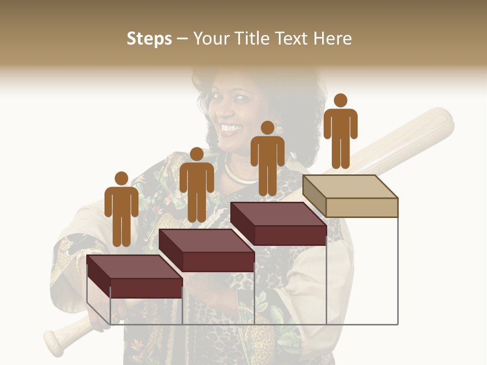 A Beautiful Ethnic Woman Smiling Because She Has A Baseball Bat To Defend Herself. Isolated On White. PowerPoint Template