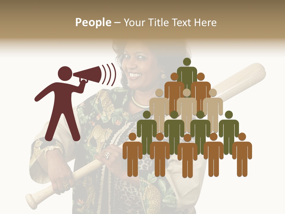 A Beautiful Ethnic Woman Smiling Because She Has A Baseball Bat To Defend Herself. Isolated On White. PowerPoint Template