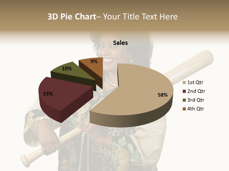 A Beautiful Ethnic Woman Smiling Because She Has A Baseball Bat To Defend Herself. Isolated On White. PowerPoint Template