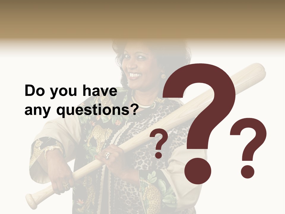 A Beautiful Ethnic Woman Smiling Because She Has A Baseball Bat To Defend Herself. Isolated On White. PowerPoint Template