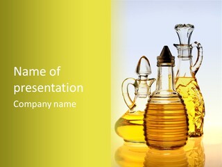 Three Olive Oil Bottles On Blue Background . PowerPoint Template