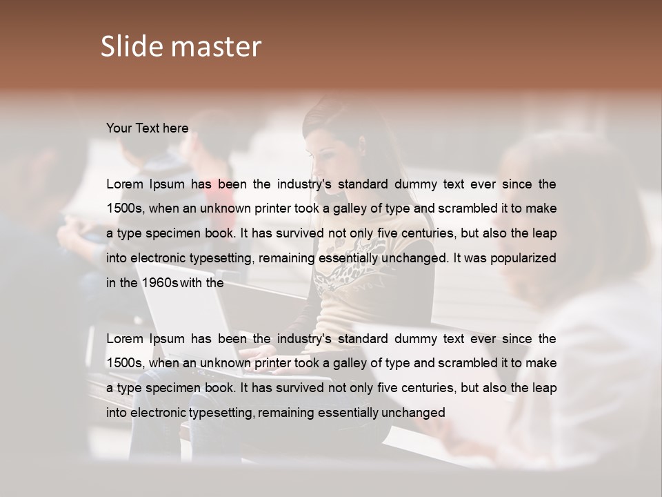 Beautiful Young Woman Working With Her Notebook Is Sitting Outdoors PowerPoint Template