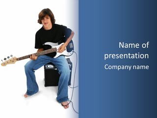 Native American Teen Boy Child Sitting On Amplifier Playing Electric Bass Guitar Over White. PowerPoint Template