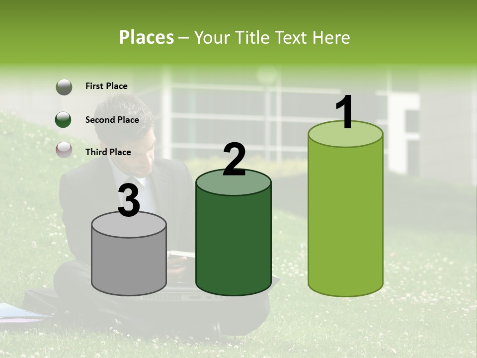 Business Man With Laptop And Notebook Working In The Park In Front Of Office Building PowerPoint Template