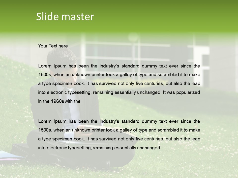 Business Man With Laptop And Notebook Working In The Park In Front Of Office Building PowerPoint Template