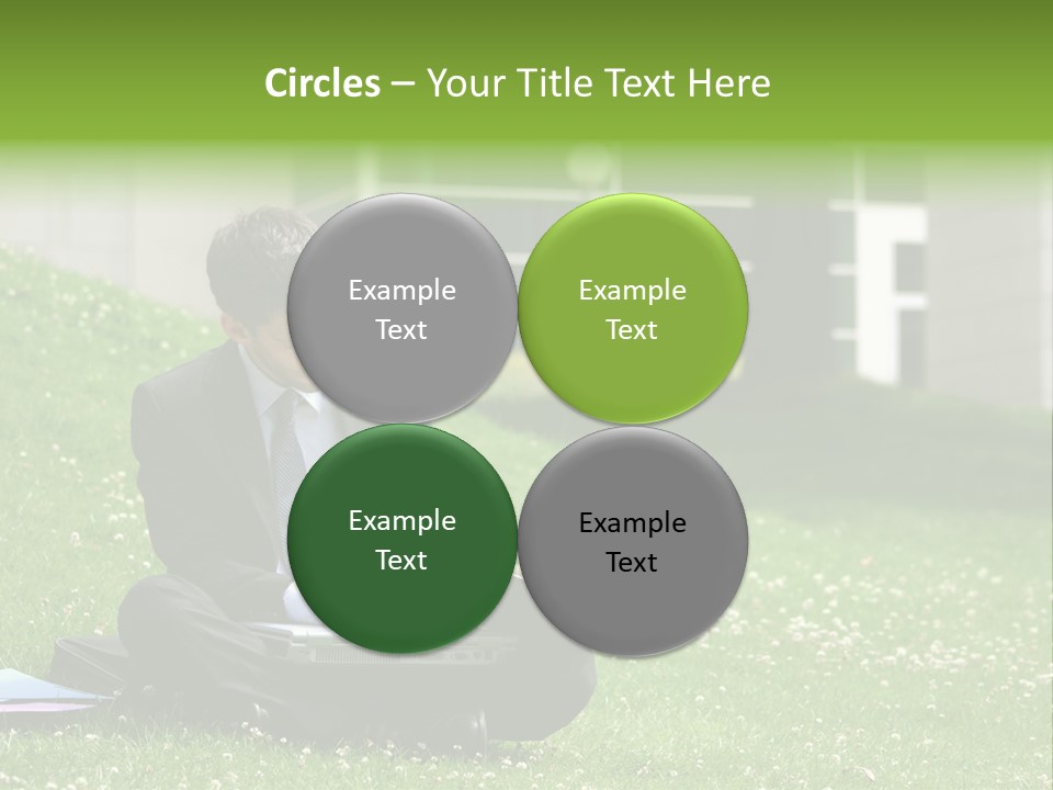 Business Man With Laptop And Notebook Working In The Park In Front Of Office Building PowerPoint Template