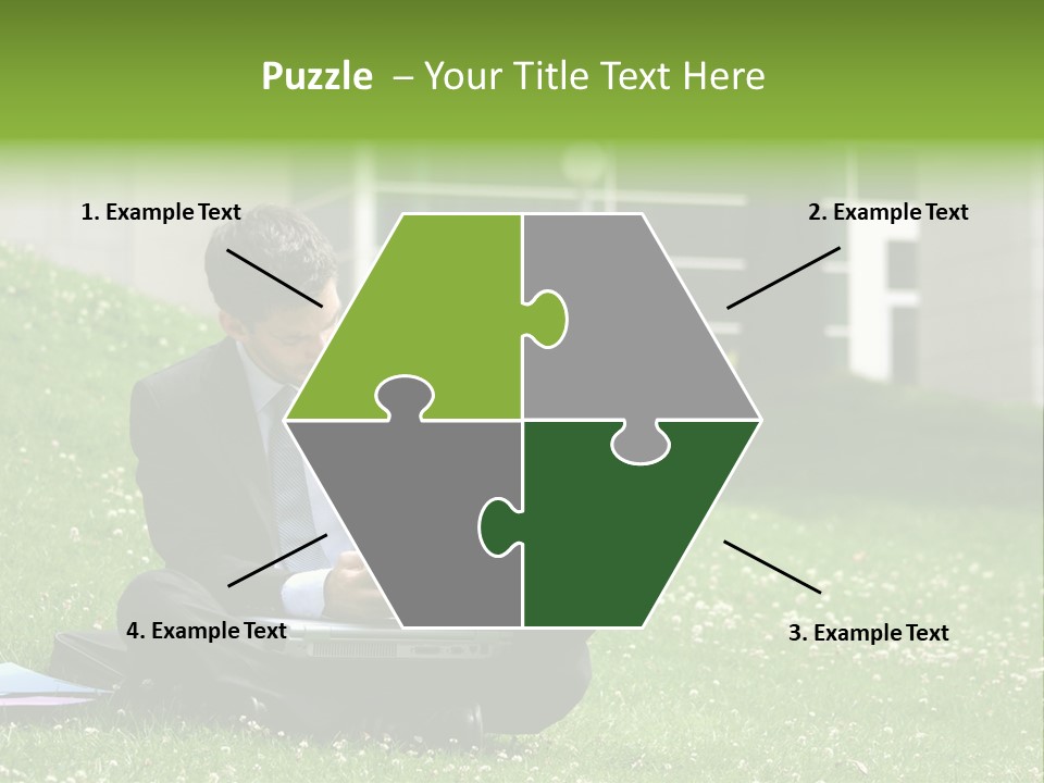 Business Man With Laptop And Notebook Working In The Park In Front Of Office Building PowerPoint Template