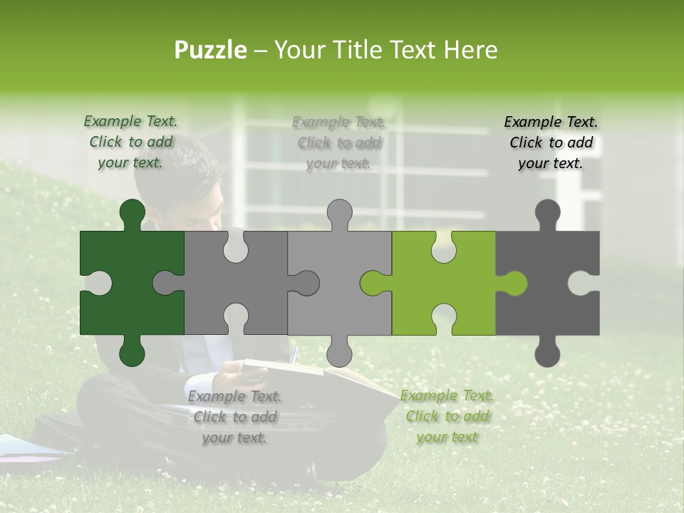 Business Man With Laptop And Notebook Working In The Park In Front Of Office Building PowerPoint Template