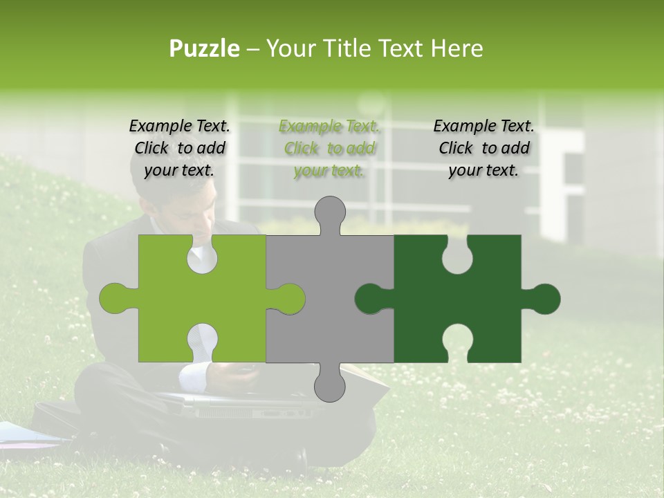 Business Man With Laptop And Notebook Working In The Park In Front Of Office Building PowerPoint Template