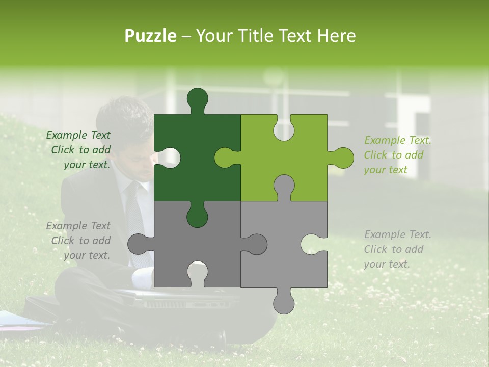 Business Man With Laptop And Notebook Working In The Park In Front Of Office Building PowerPoint Template