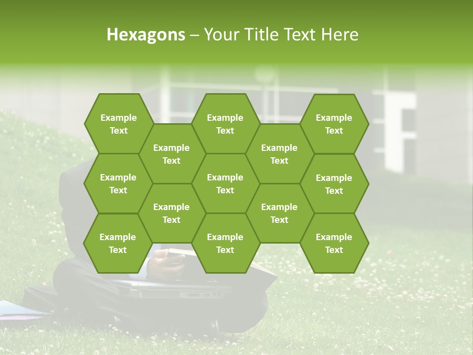 Business Man With Laptop And Notebook Working In The Park In Front Of Office Building PowerPoint Template