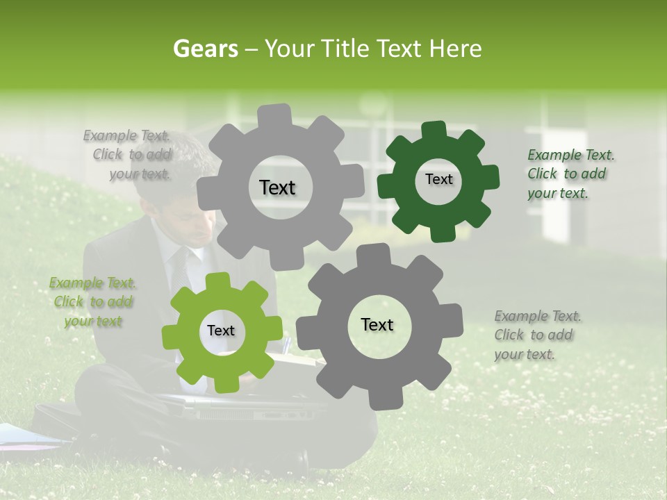 Business Man With Laptop And Notebook Working In The Park In Front Of Office Building PowerPoint Template