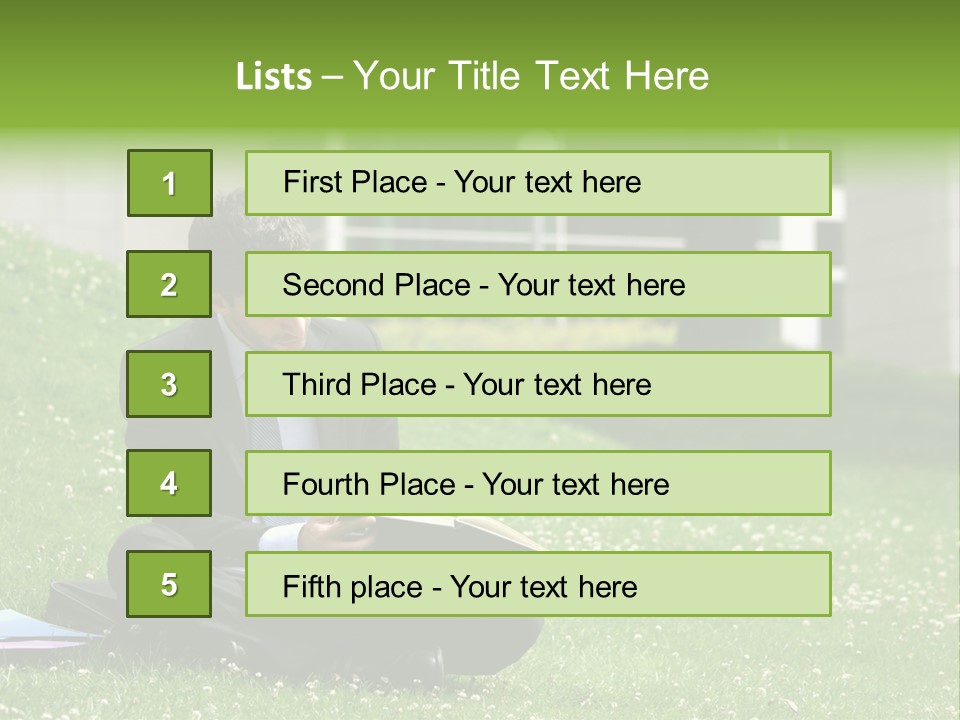 Business Man With Laptop And Notebook Working In The Park In Front Of Office Building PowerPoint Template