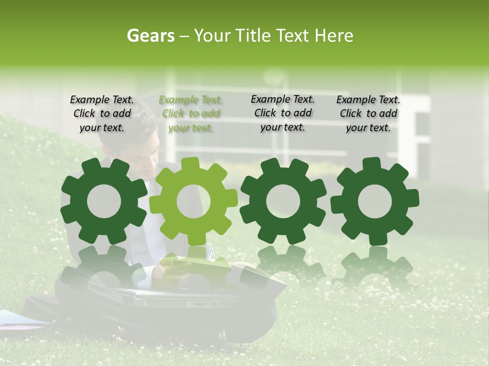 Business Man With Laptop And Notebook Working In The Park In Front Of Office Building PowerPoint Template