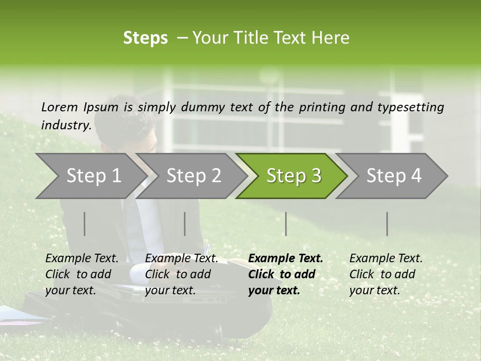 Business Man With Laptop And Notebook Working In The Park In Front Of Office Building PowerPoint Template