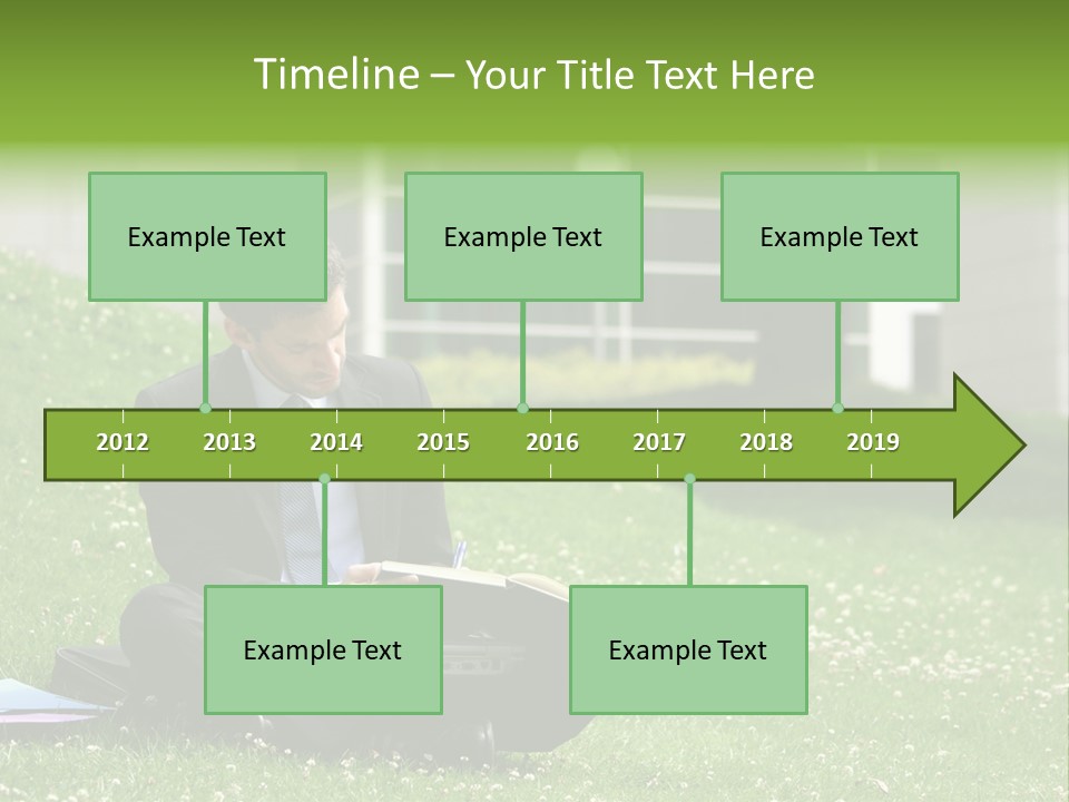 Business Man With Laptop And Notebook Working In The Park In Front Of Office Building PowerPoint Template
