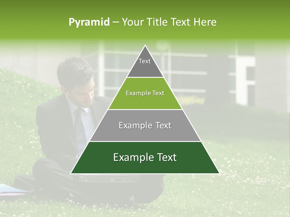 Business Man With Laptop And Notebook Working In The Park In Front Of Office Building PowerPoint Template