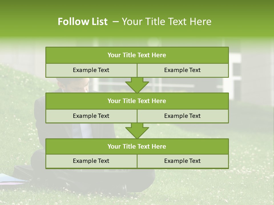 Business Man With Laptop And Notebook Working In The Park In Front Of Office Building PowerPoint Template